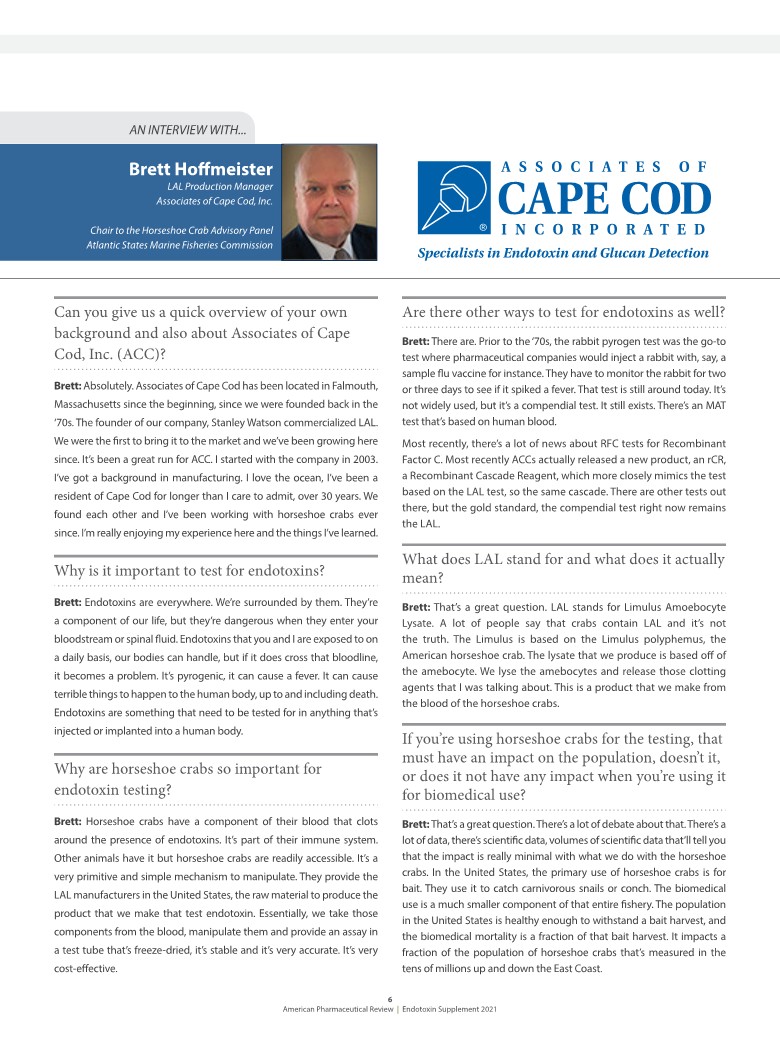 【美国ACC内毒素检测动态】采访 Brett Hoffmeister - LAL 生产经理，Cape Cod, Inc. Associates