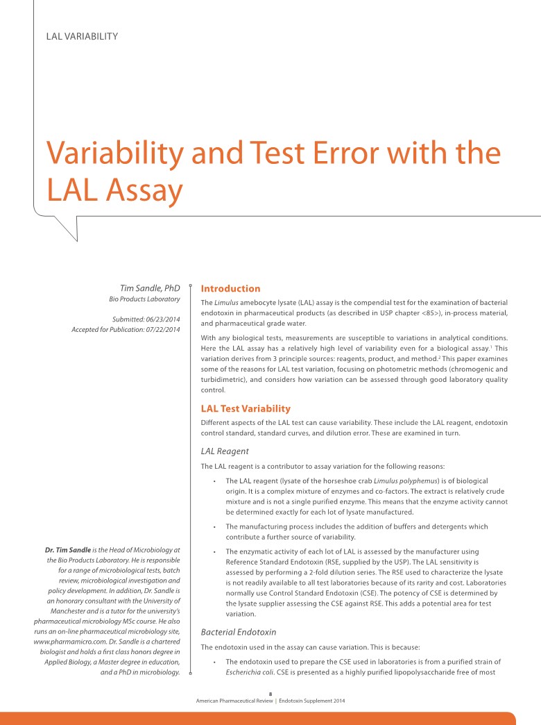 【美国ACC内毒素检测动态】LAL检测法的变异性和测试误差