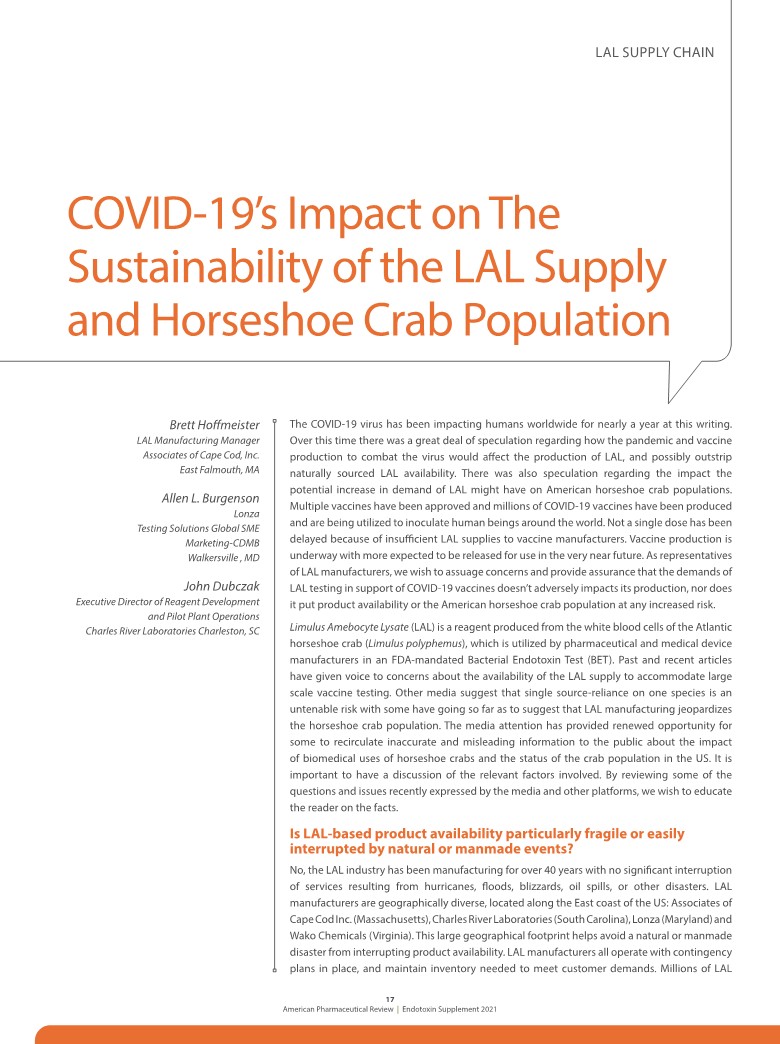 【美国ACC内毒素检测动态】COVID-19 对 LAL 供应和马蹄蟹种群可持续性的影响